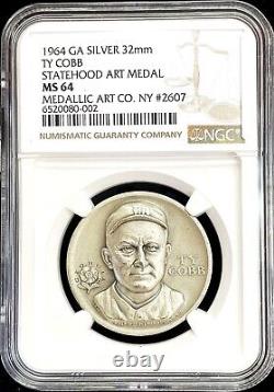 1964 Silver Ty Cobb Georgia Baseball Hall Of Fame High Relief Medal Ngc Ms 64