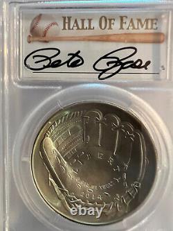 2014 P BASEBALL HALL OF FAME 1oz SILVER $1 PCGS MS 70. SIGNED BY PETE ROSE