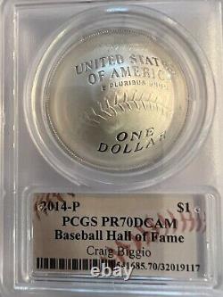 2014P BASEBALL HALL OF FAME 1ozPROOF. $1 PCGS PR-70 DCAM. SIGNED BY CRAIG BIGGIO