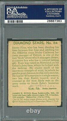 Jimmy Foxx 1935 Diamond Stars #64 PSA 2 (mk) Hall of Fame Slugger