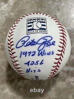 Pete Rose autographed auto Hall of Fame Logo Baseball Signed 1972 Wins 4256 Hits