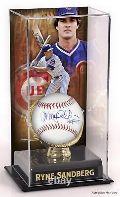 Ryne Sandberg Cubs Signd Baseball withHOF Ins& Hall of Fame Sublmated Case withImage