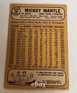 Topps 1968 NY New York Yankees Mickey Mantle #280 HOF Hall of Fame Vintage Rare