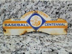 Vintage Baseball Porcelain Sign Hall Fame Cooperstown Tag Topper Gas Oil Sports