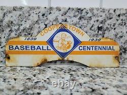 Vintage Baseball Porcelain Sign Hall Fame Cooperstown Tag Topper Gas Oil Sports