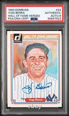 Yogi Berra Signed 1983 Donruss Hall of Fame Heroes # 24 PSA/DNA 8